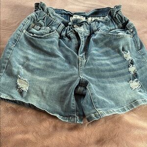 Light Blue Distressed Jean Shorts with Paperbag Waist